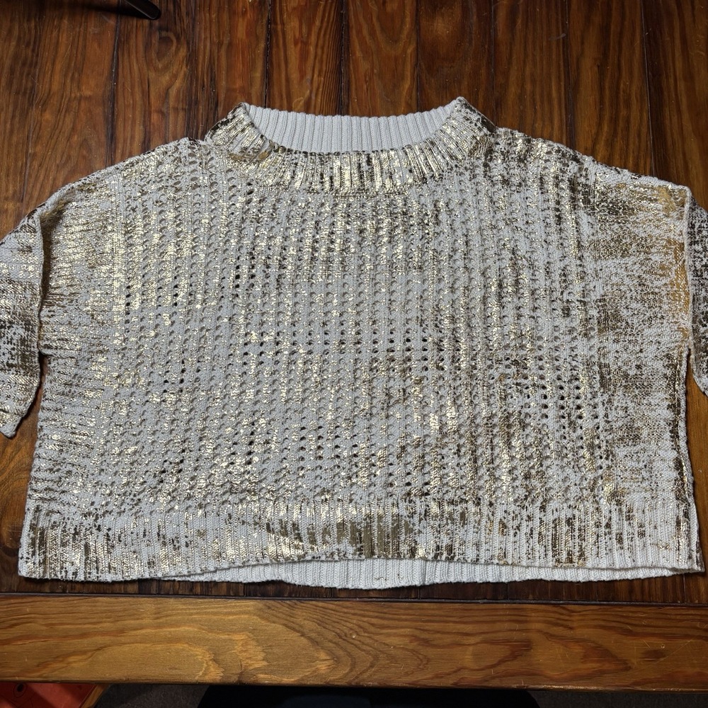 Planet By Lauren G Gold Foil Print Cropped Sweater Oversized One Of A Kind New